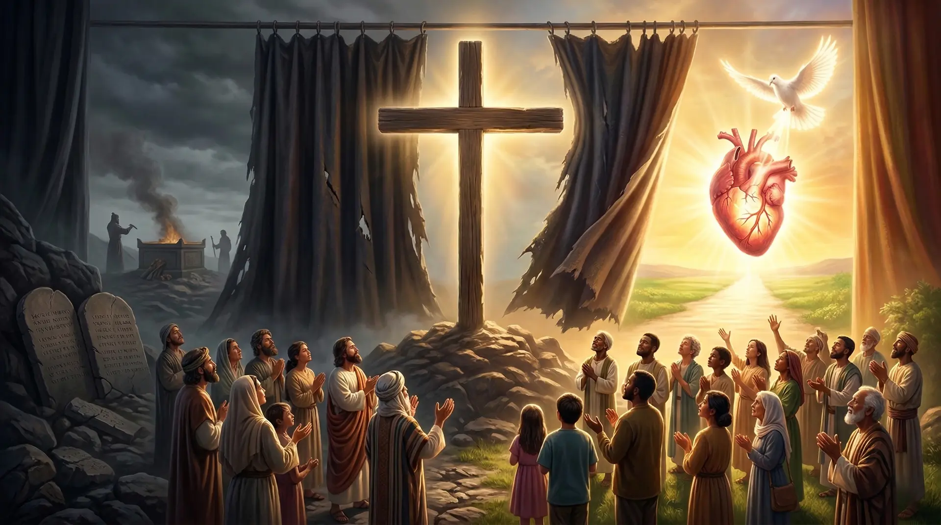 Uma pintura religiosa alegórica contrastante, dividida por cortinas de templo rasgadas. O lado esquerdo é sombrio, retratando o Antigo Testamento com a Lei e sacrifícios, enquanto o lado direito é brilhante e iluminado, com uma cruz central, um coração sagrado flutuante e uma pomba, representando o Novo Testamento e a graça. Pessoas em oração estão em primeiro plano.