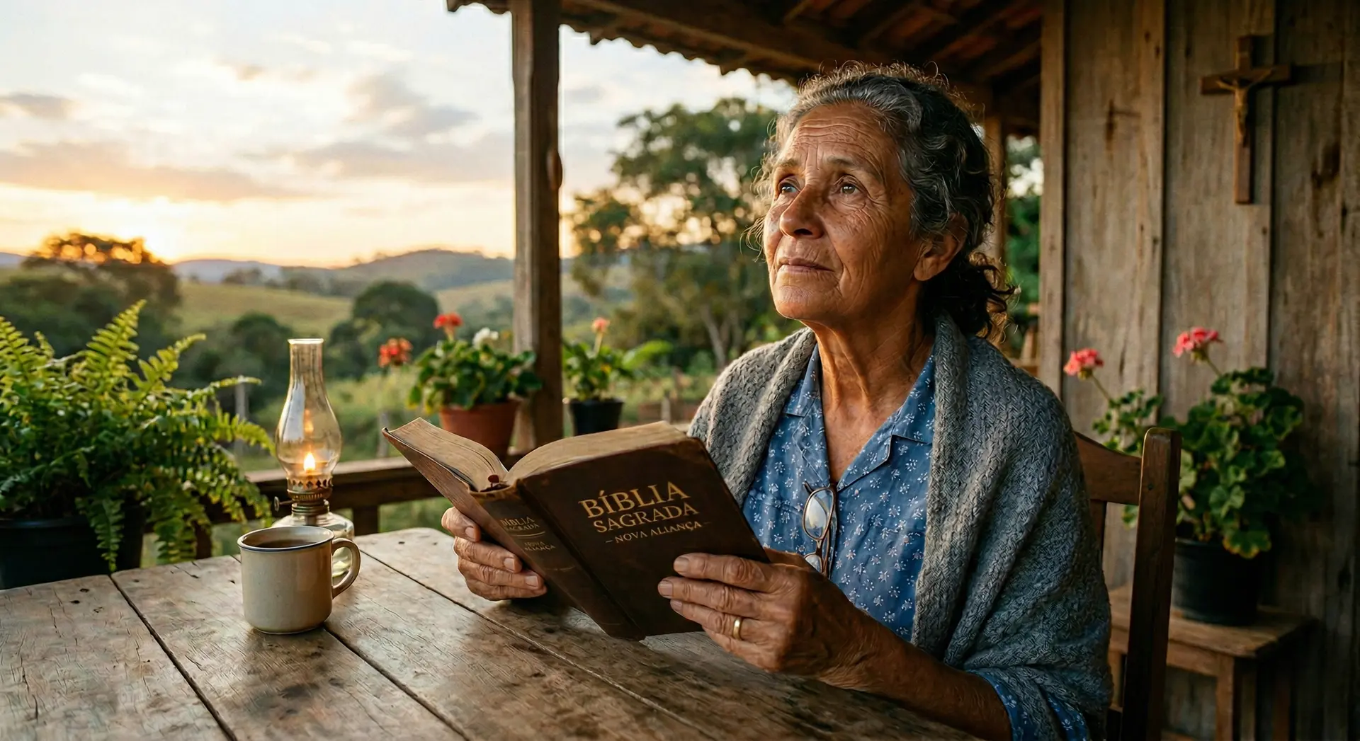 Mulher idosa sentada lendo a Bíblia