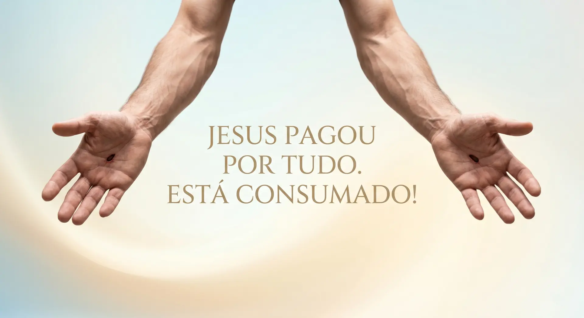 Dois braços representando os braços de Jesus, com as mãos perfuradas da cruz sendo exibidas com a palma da mão para cima. No meio a frase: Jesus já pagou tudo. Está consumado.